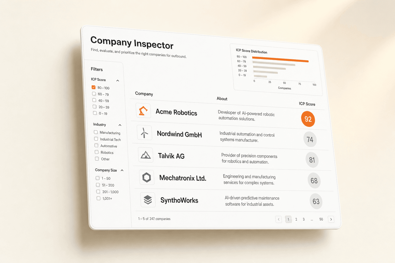 Company Inspector B2B research dashboard with ICP scores