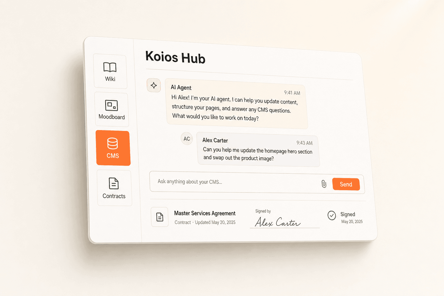 Koios Hub client portal — modules, AI agent chat and an e-sign contract