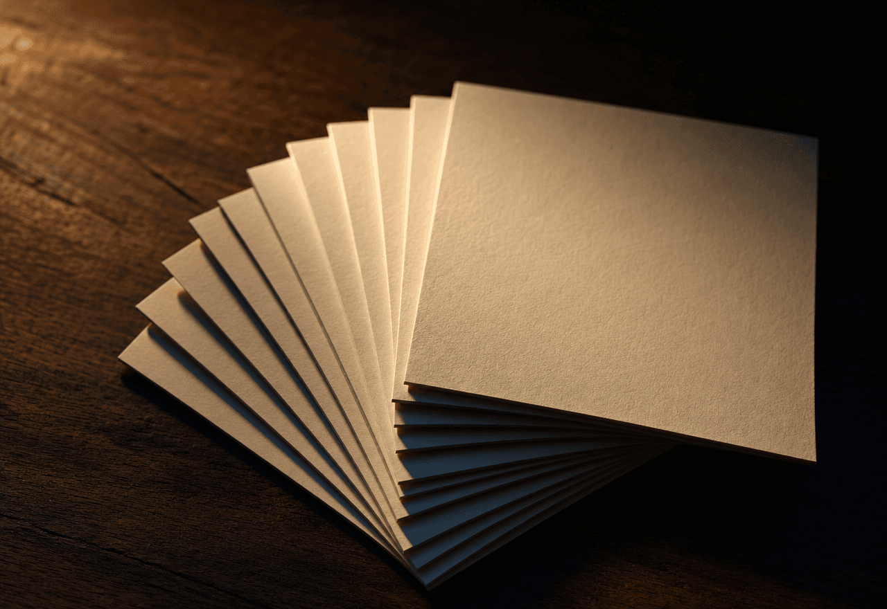 A fanned stack of cream paper cards on a dark walnut desk.