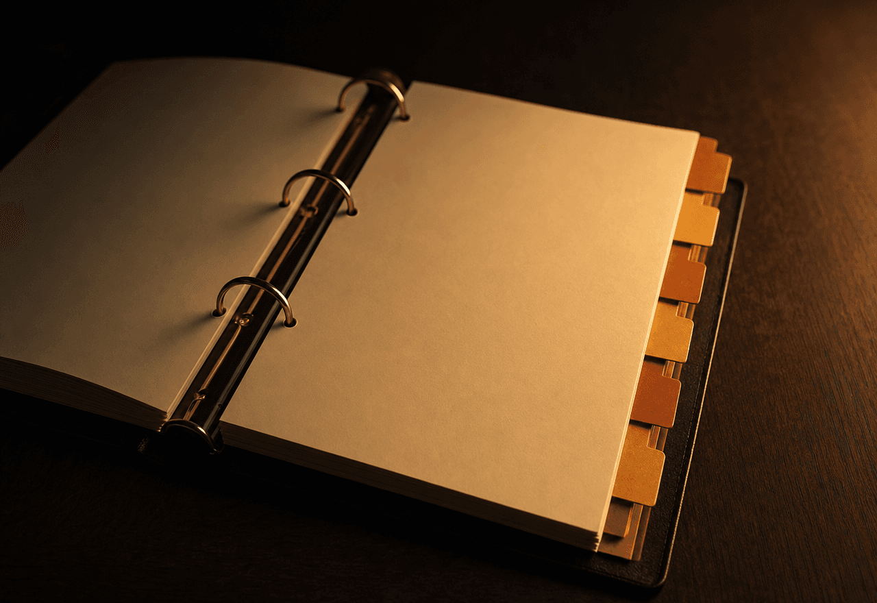 An open three-ring binder with tabbed dividers, warm light raking across the paper.