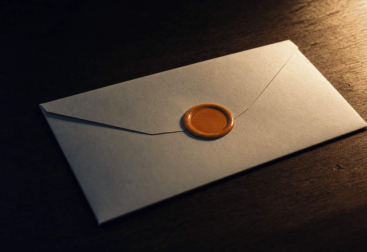 A wax-sealed cream envelope on a dark walnut desk.