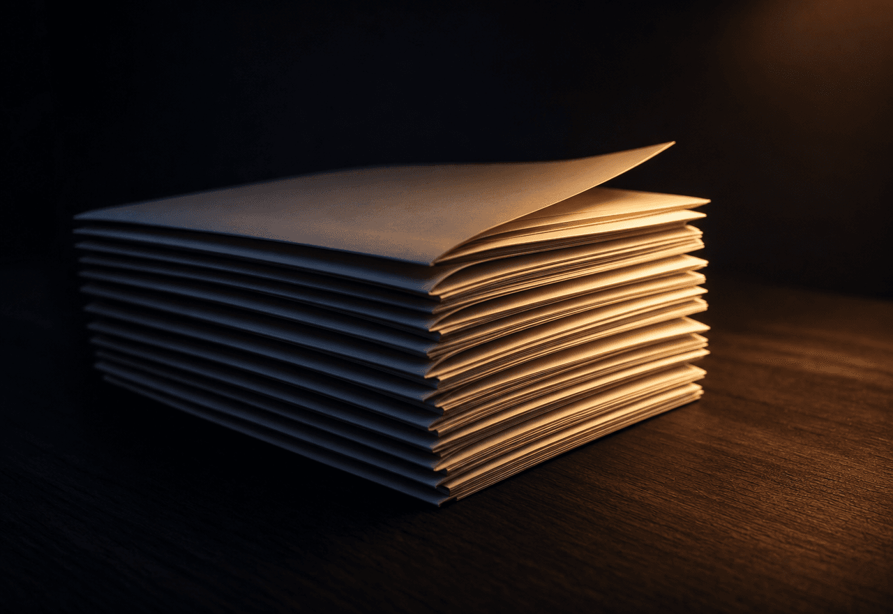 A tall stack of cream paper documents on a dark walnut desk, warm tungsten light catching the top edges.