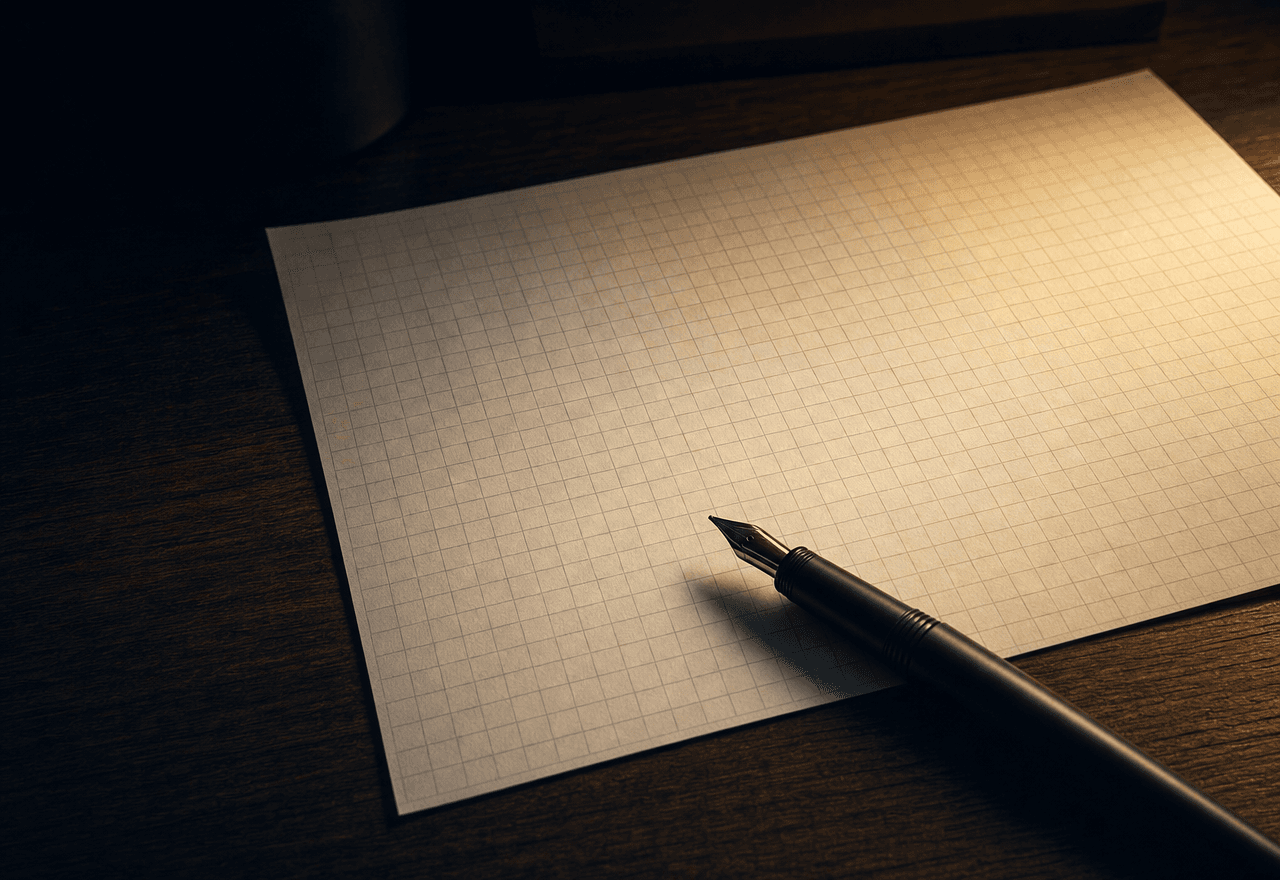A single sheet of grid paper on a dark walnut desk with a matte black fountain pen.