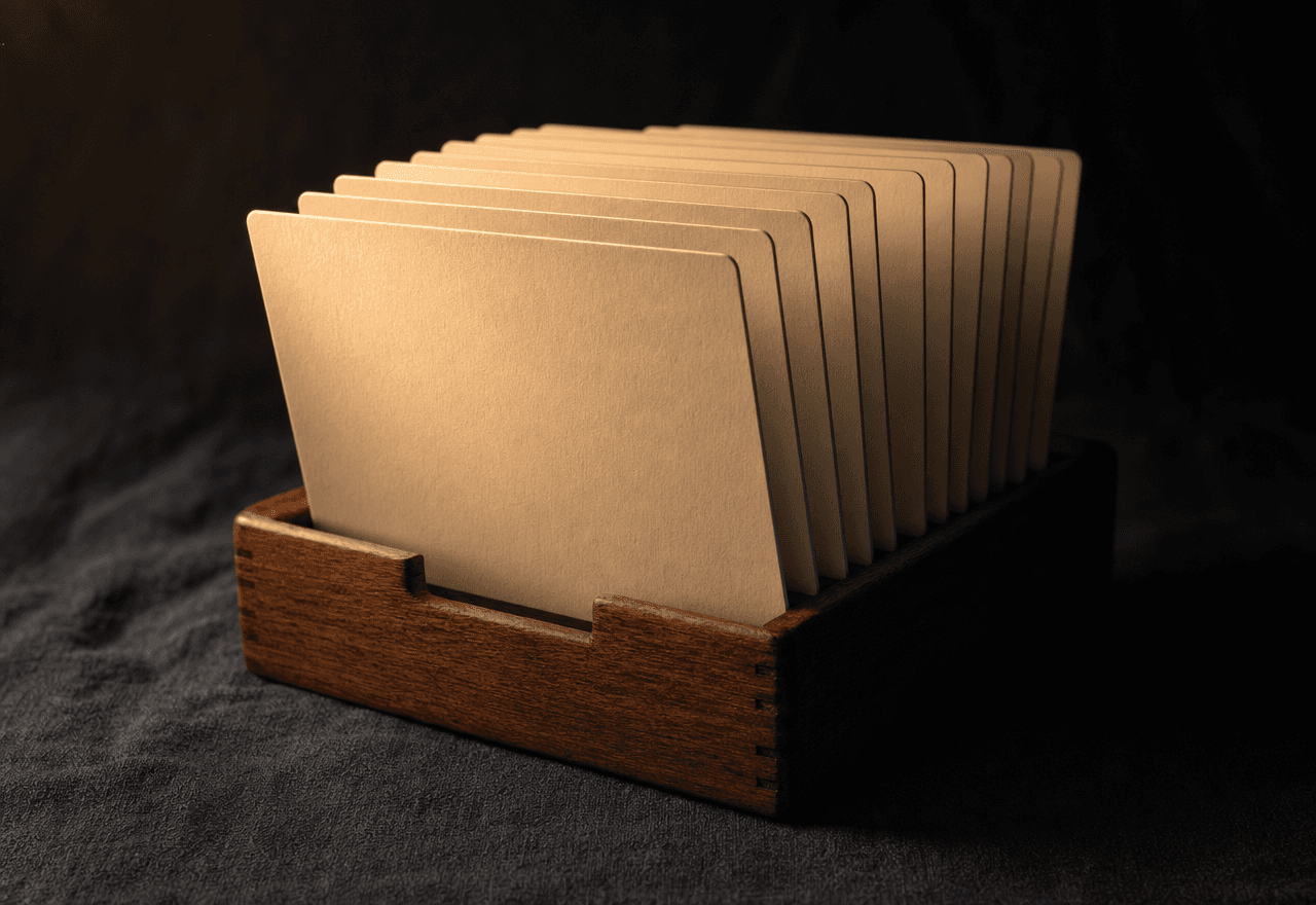 A small wooden card holder with a tight fan of cream index cards on dark linen.