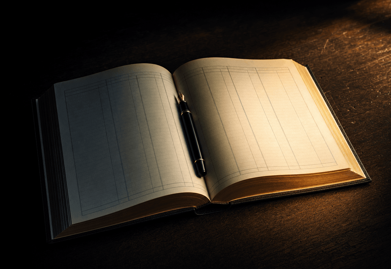 An open accounting ledger with printed column rules on a dark walnut desk, warm tungsten light catching the gilt page edges.