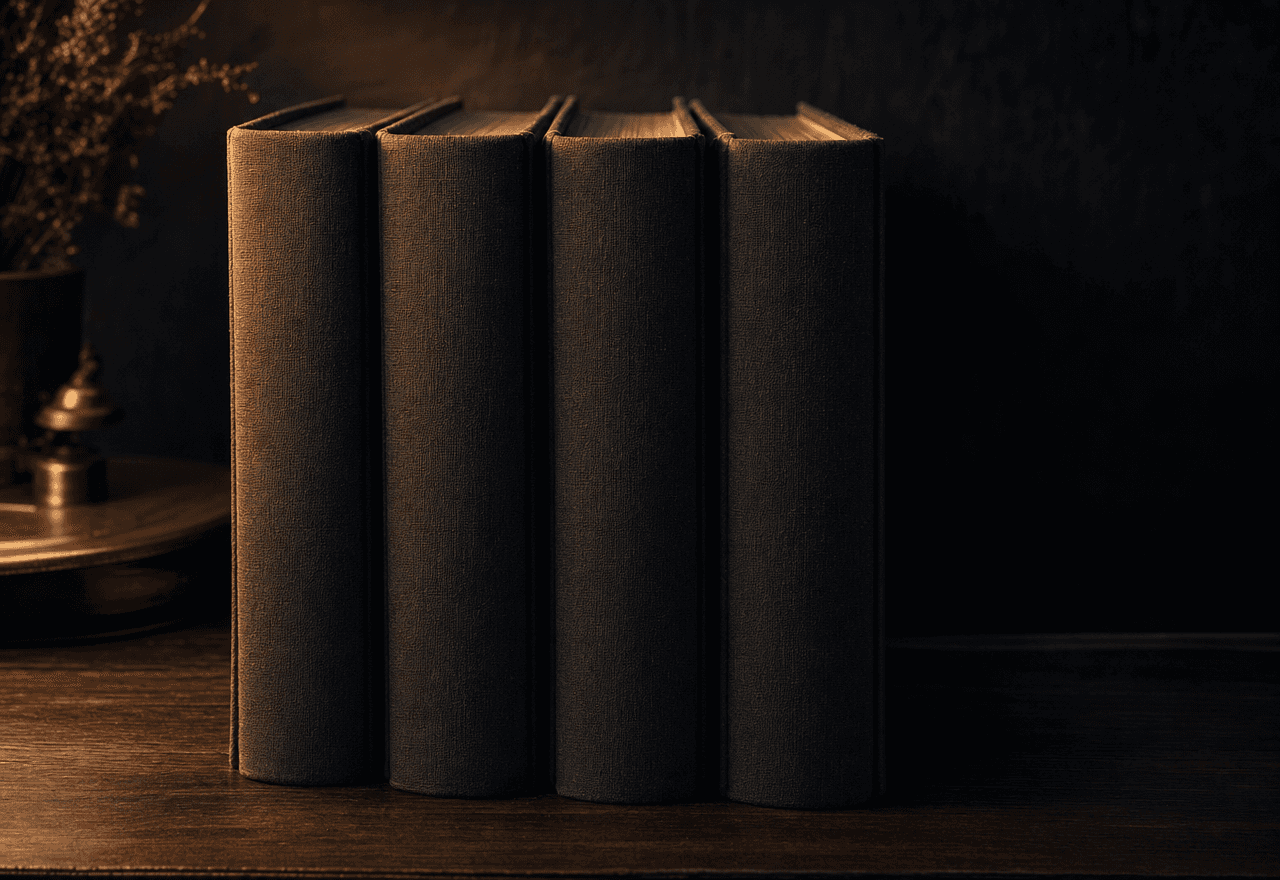 A tight row of dark hardcover books standing upright on a dark walnut desk, warm rim light along the top edges.