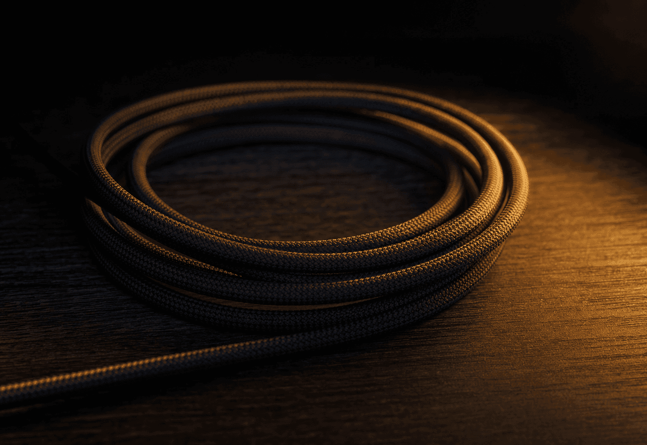 A single coiled black fabric cable on a dark walnut desk with warm rim light on the loops.