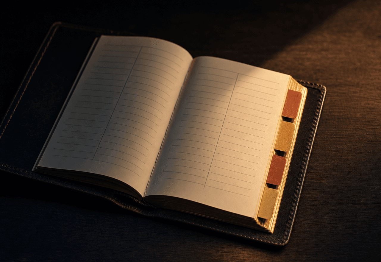 Ein aufgeschlagenes Adressbuch aus Leder mit klassischen Spaltenlinien und Registerreitern auf einem dunklen Nussbaumschreibtisch.