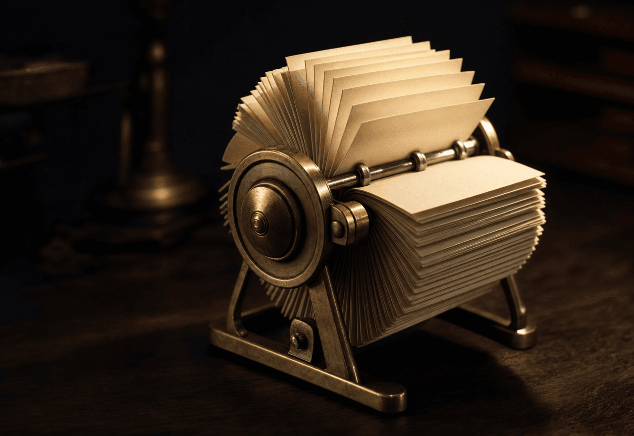Eine alte Rolodex-Kartei auf einem dunklen Nussbaumschreibtisch, warme Glühlampenreflexe auf dem Messingrahmen.
