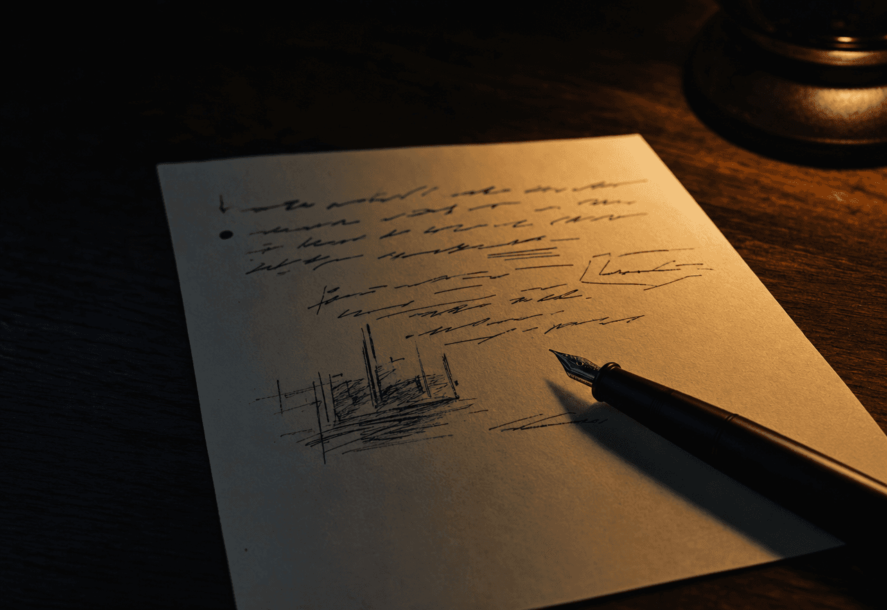 A handwritten brief and a fountain pen on a dark walnut desk, lit by warm tungsten light.