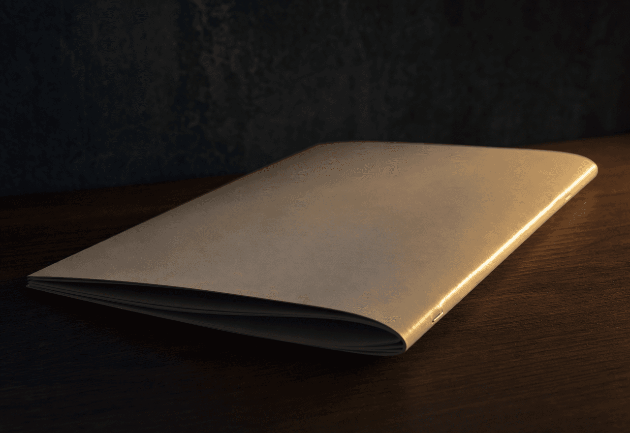 A folded magazine on a dark walnut surface with warm spine highlight.