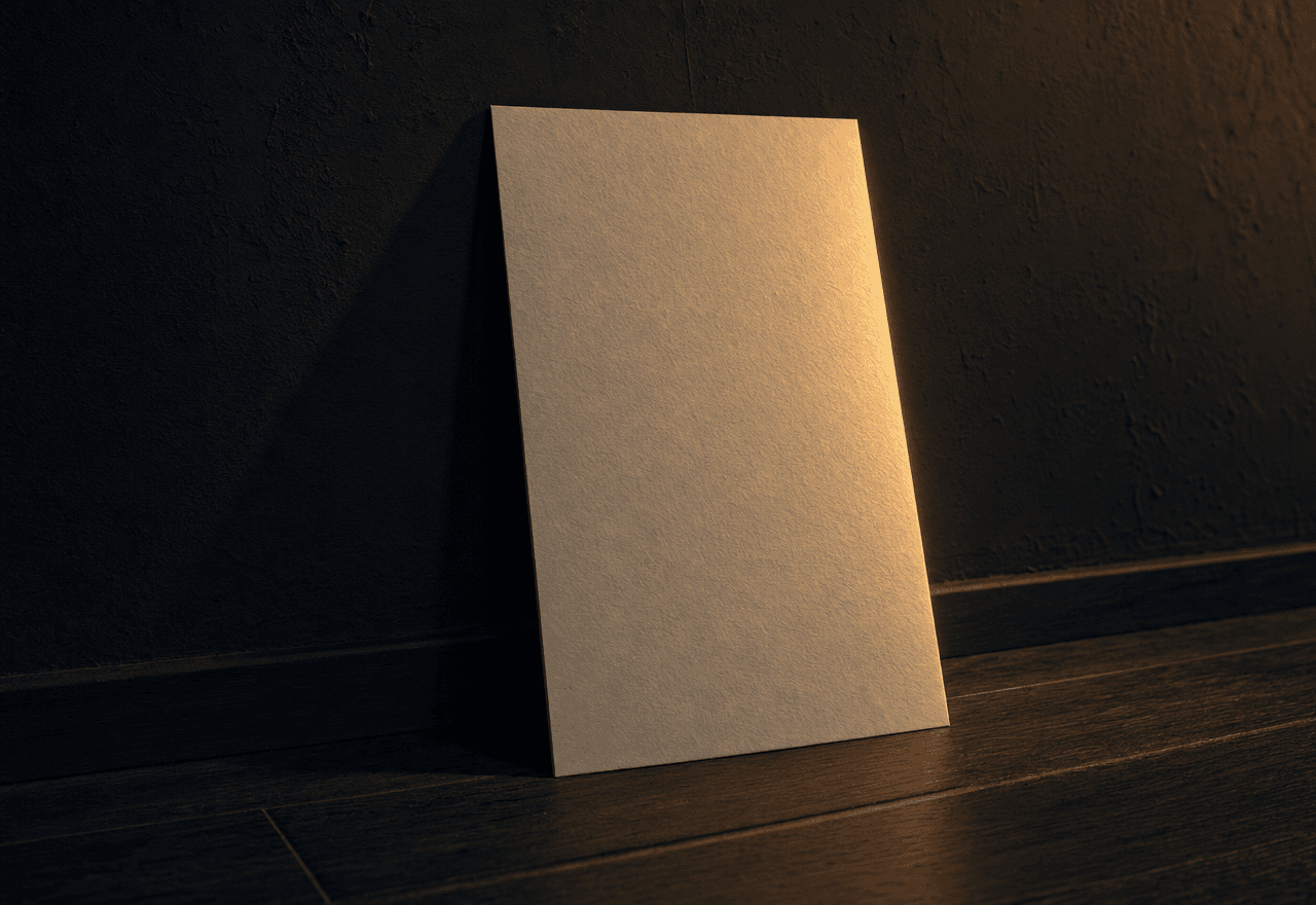 A cream-paper print leaning against a dark wall, edge-lit by warm tungsten light.