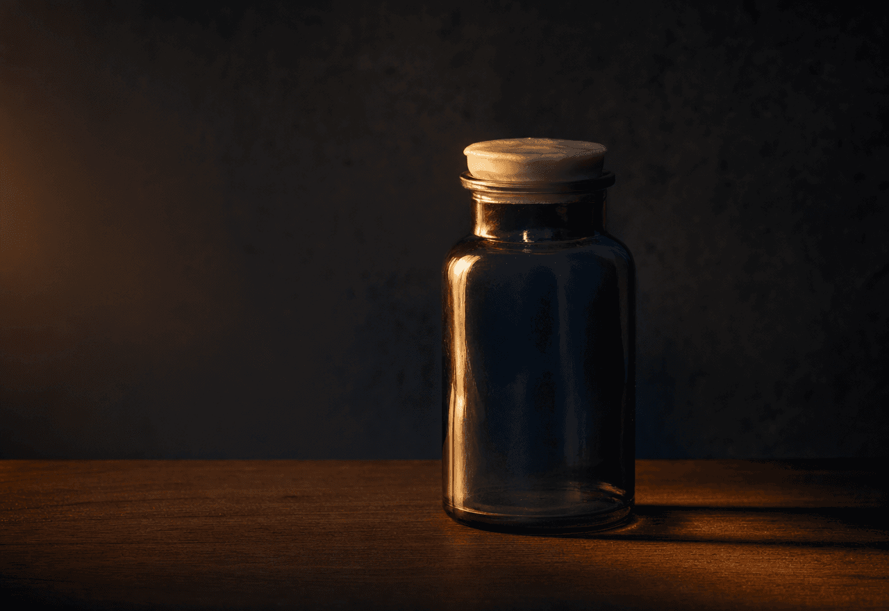 A small unbranded apothecary glass jar on a dark walnut desk with a warm glass highlight.