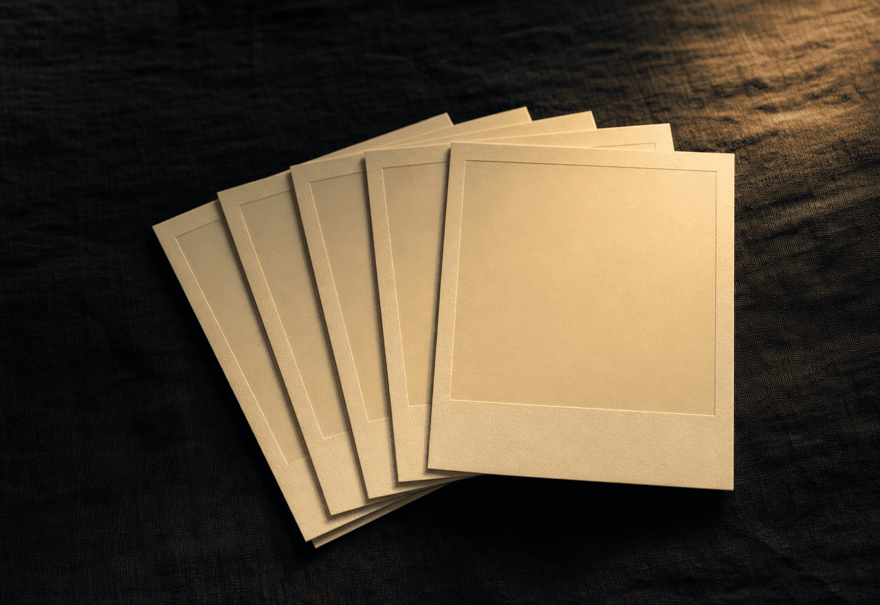A fanned spread of polaroid-format cream cards on dark linen, lit by warm directional light.