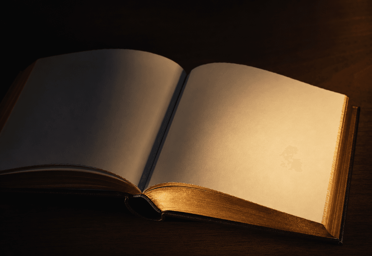 An open hardback book on a dark walnut desk, gilt page edges catching warm tungsten light.