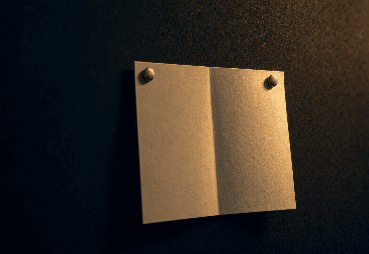 Eine gefaltete cremefarbene Notiz, mit zwei Messing-Reißzwecken an eine dunkle Filzwand geheftet.