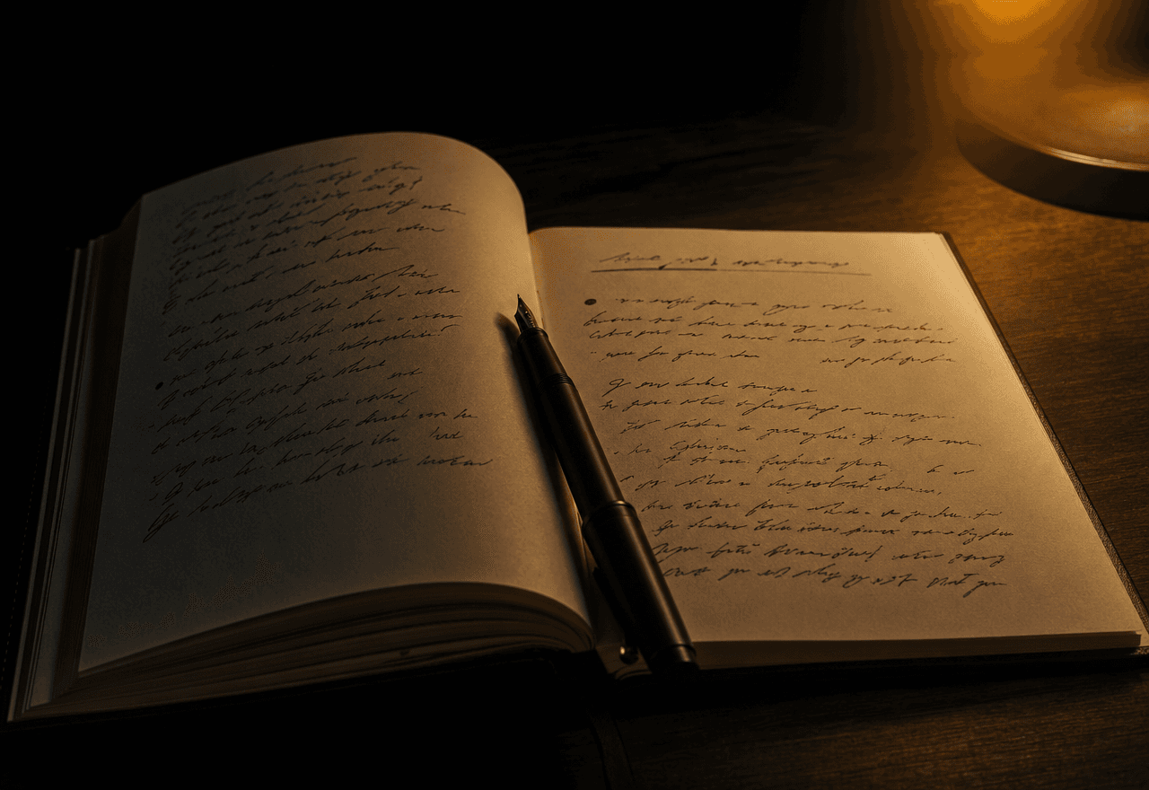 An open notebook on a dark walnut desk, lit by a warm tungsten lamp.