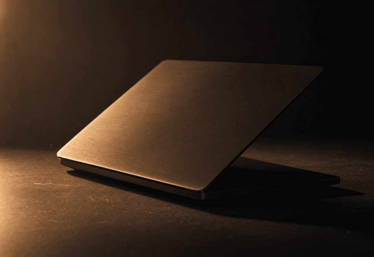 A half-open laptop in profile, warm light raking across the brushed aluminum edge.