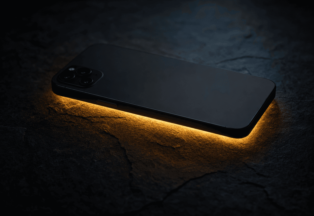 A smartphone face-down on dark stone, a warm amber glow leaking from beneath the screen.