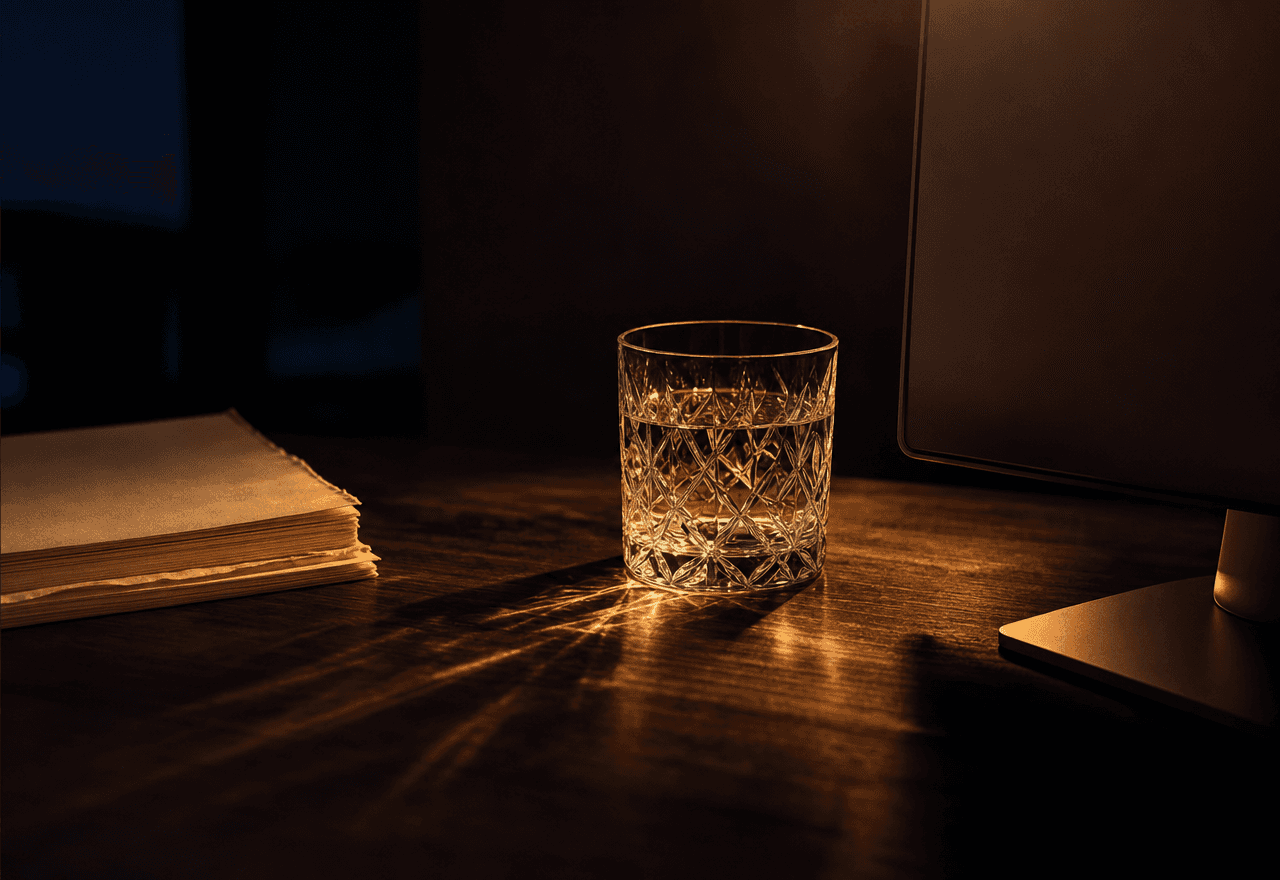A workspace fragment with a crystal tumbler refracting warm amber light onto a walnut desk.
