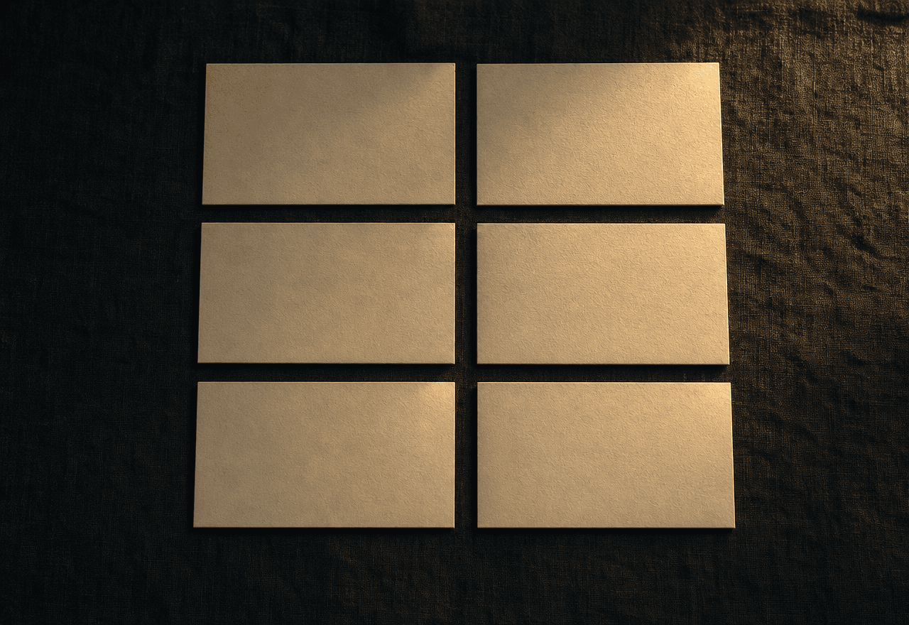 Six small cream index cards arranged in a 2-by-3 grid on dark linen, each catching warm directional light.
