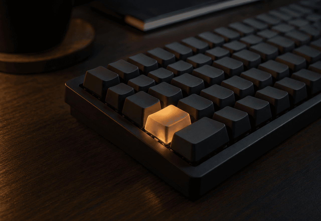 A mechanical keyboard in close-up, a single key glowing in warm amber.