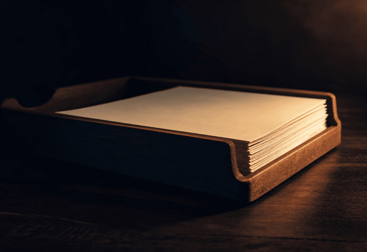 A vintage wooden office inbox tray with a neat stack of cream paper, warm tungsten light on the lit edge.
