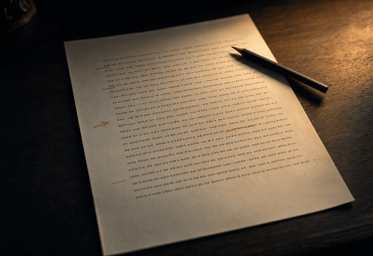 A sheet of typewritten manuscript paper on a dark walnut desk with warm pencil marks in the margin.
