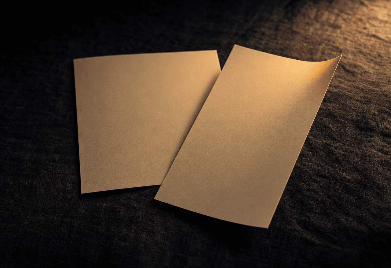Two overlapping cream paper photo prints on dark linen, warm rim light catching the lifted corners.