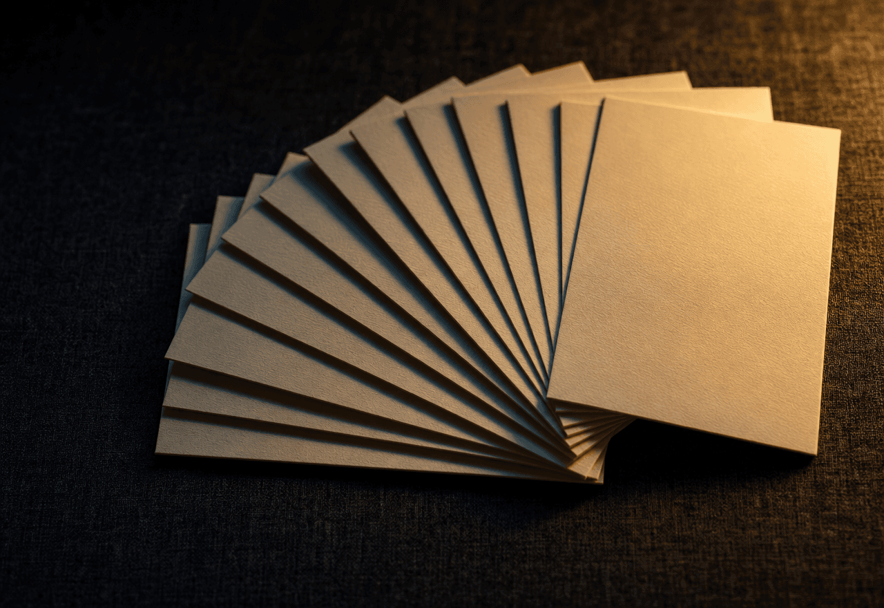 About a dozen cream business cards spread in a loose hand-fan on dark linen, warm tungsten light catching the edges.