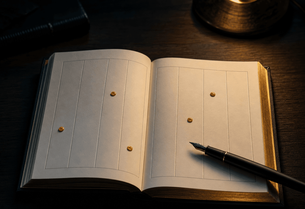 An open weekly planner book on dark walnut with seven column rules and small amber wax dots marking dates.
