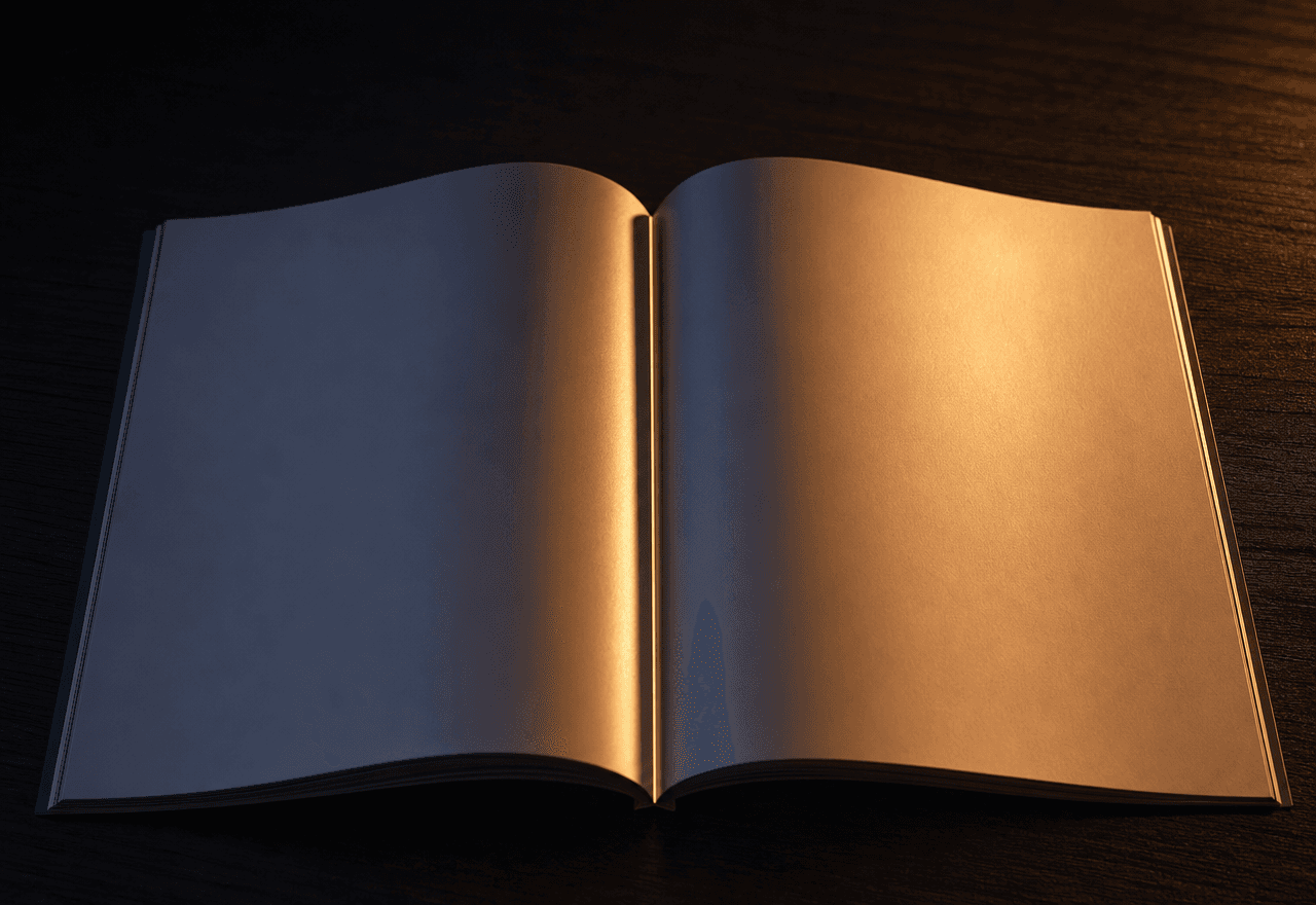 An open glossy magazine spread on dark walnut, warm tungsten light catching the spine and right-hand page.